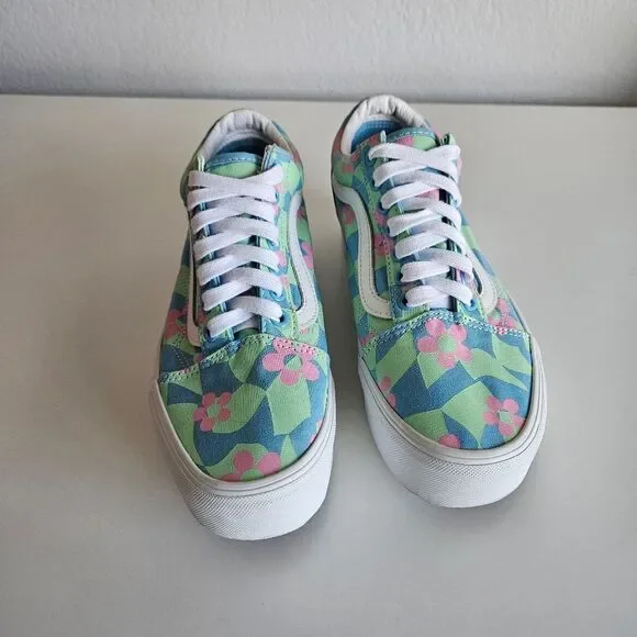 Vans | Old Skool Stacked Checkered Floral Blue Platform Shoes, Womens 9 - Picture 8 of 11